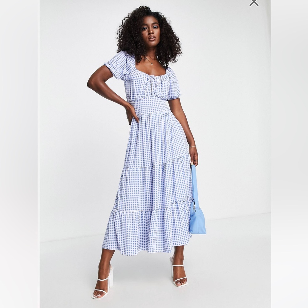 NWOT In The Style x Stacey Solomon Sweetheart Tiered Gingham Midi Dress -Blue, 6